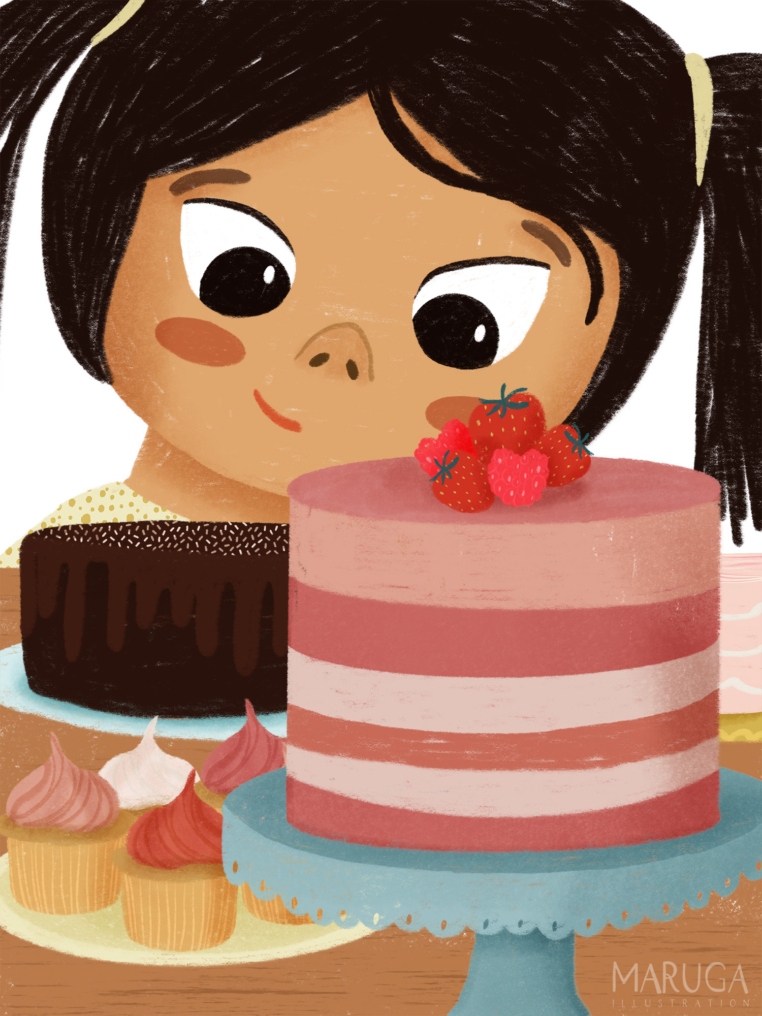illustratie van een meisje dat kijkt naar verschillende taarten