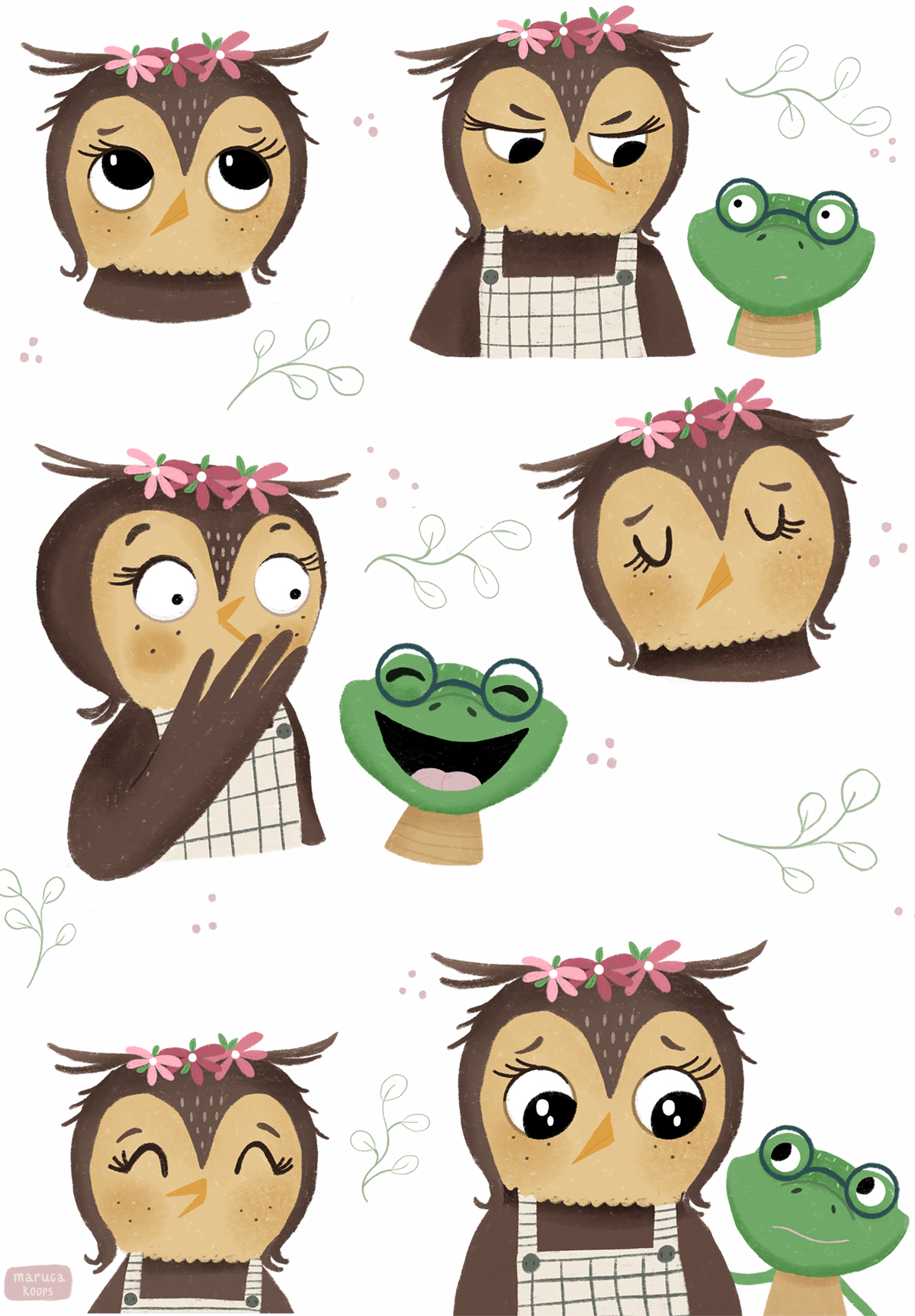 Owl and lizard with different emotions