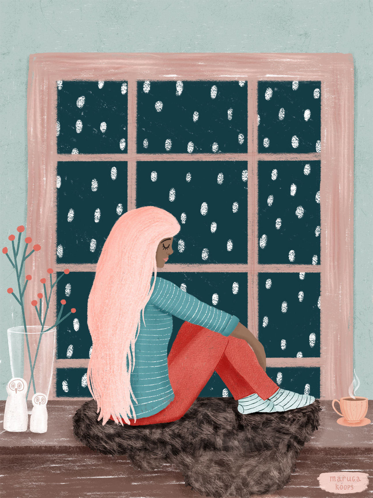 girl sitting in window snow