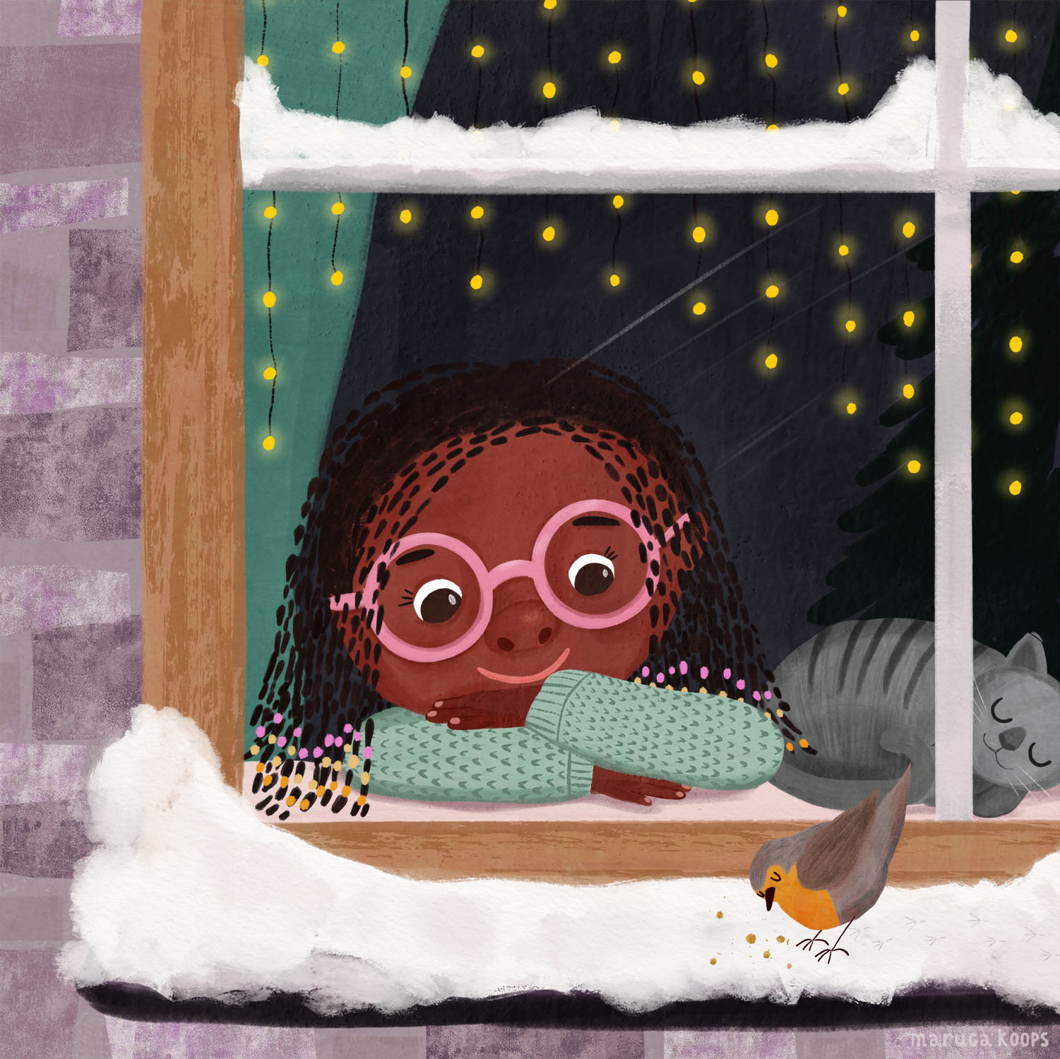 illustratie meisje raam vogel en kat