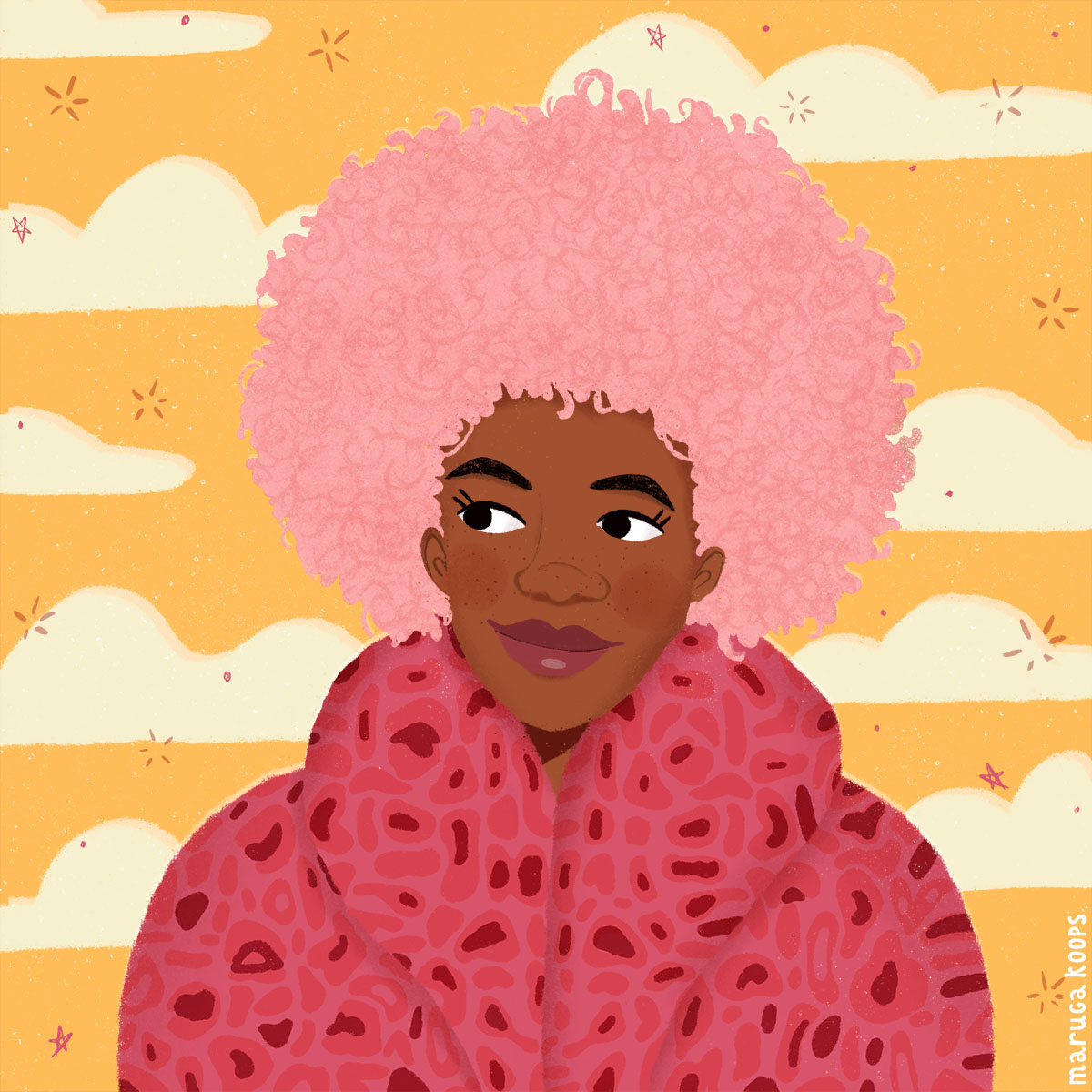 illustratie van vrouw met roze afro kapsel