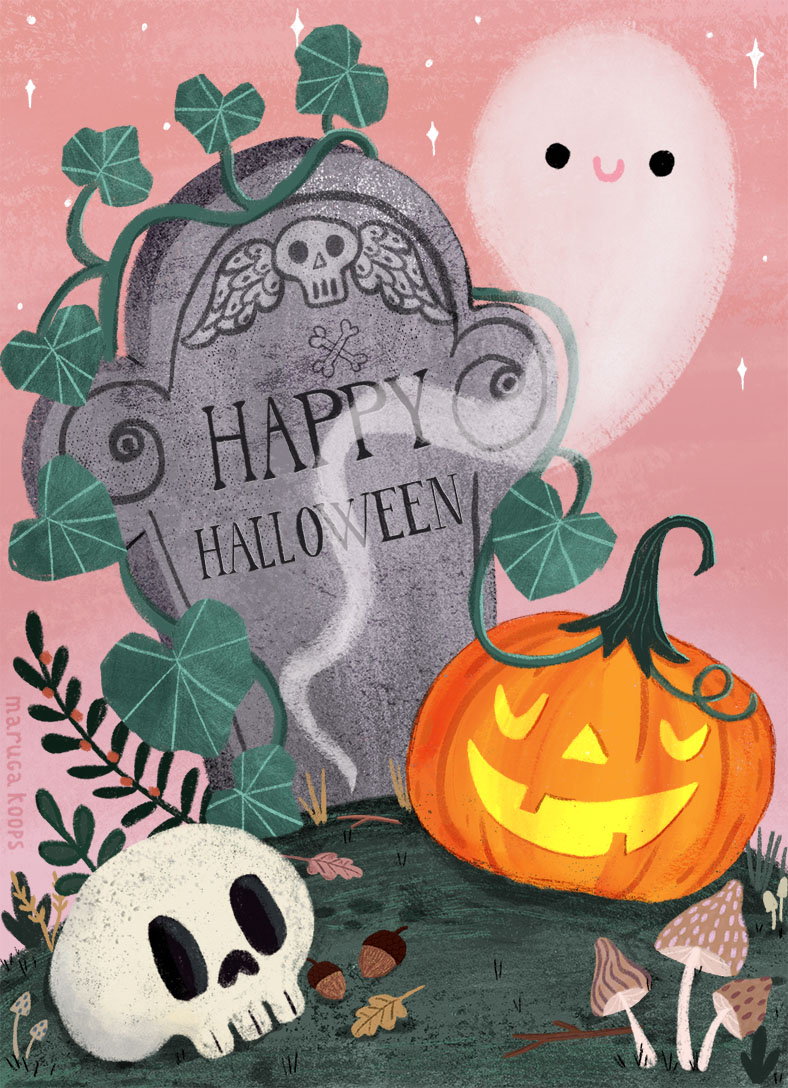 greetingcard design Halloween with gravestone and ghost