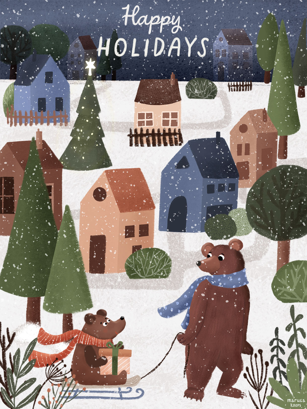 illustratie van beertjes en een dorpje in kersttijd