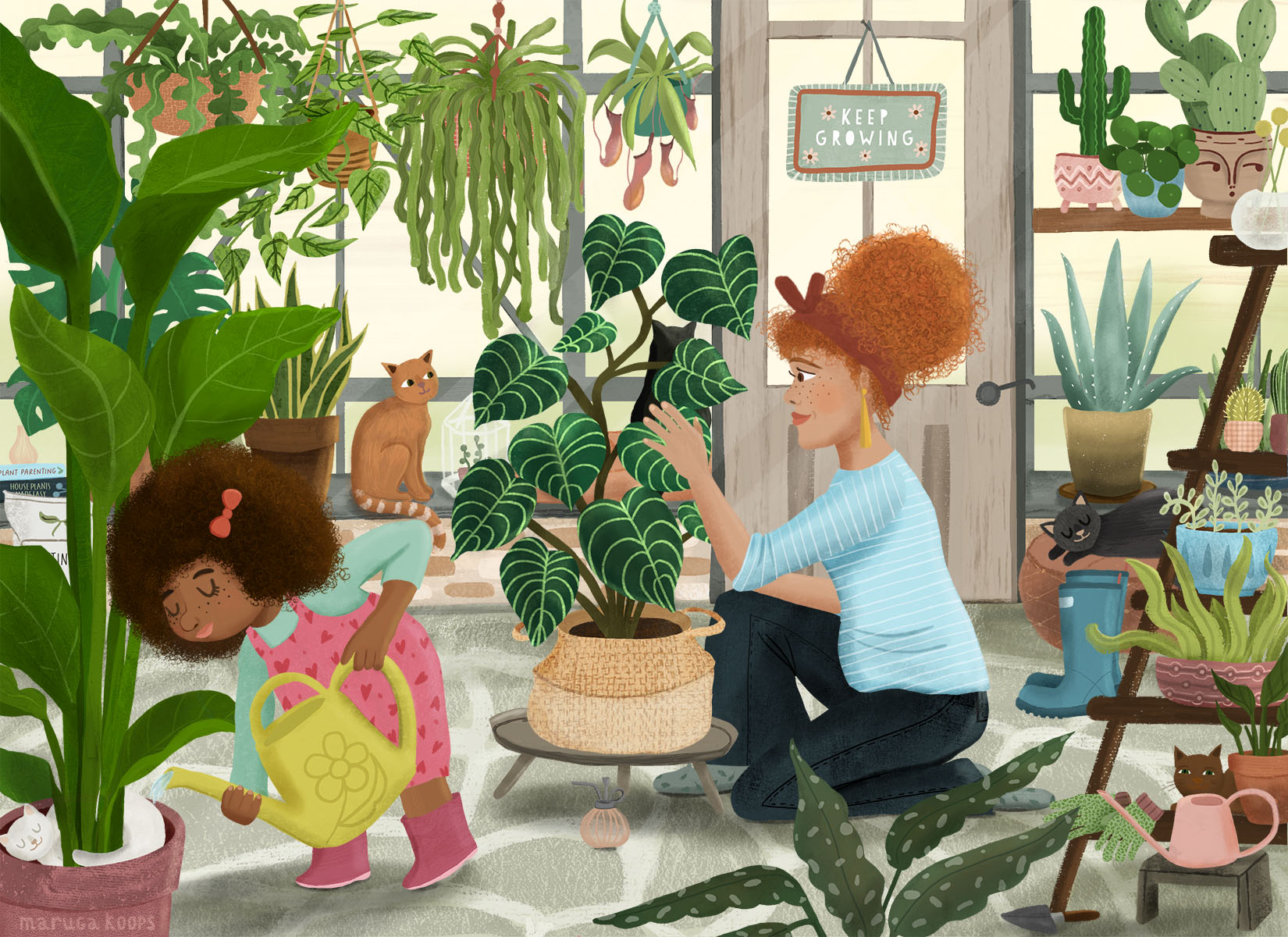 illustratie moeder kind in plantenwinkel