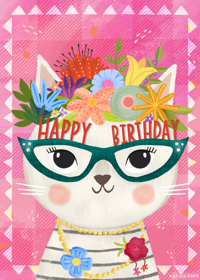 birthday kaart kat bloemen