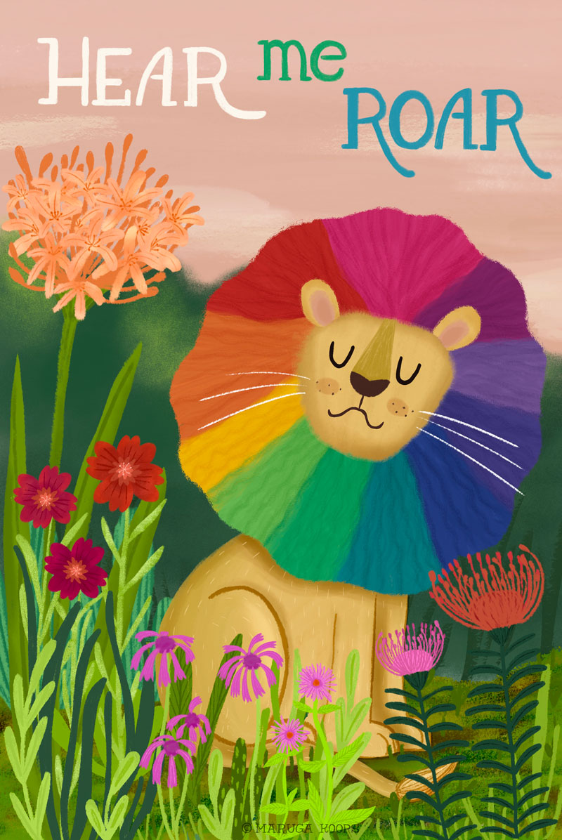 illustratie leeuw met regenboog manen en lettering