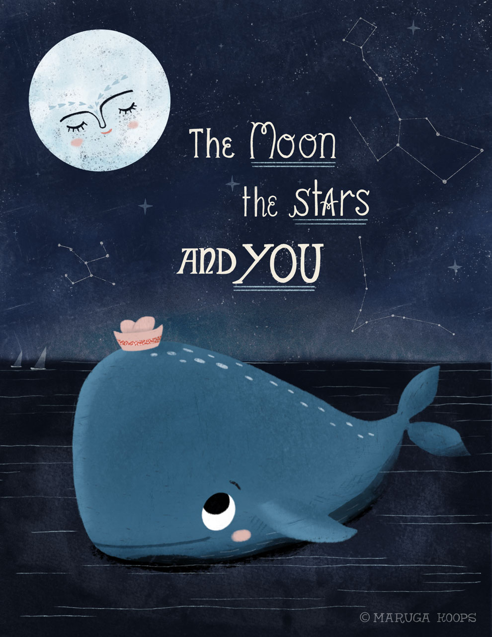 whale moon and stars illustration