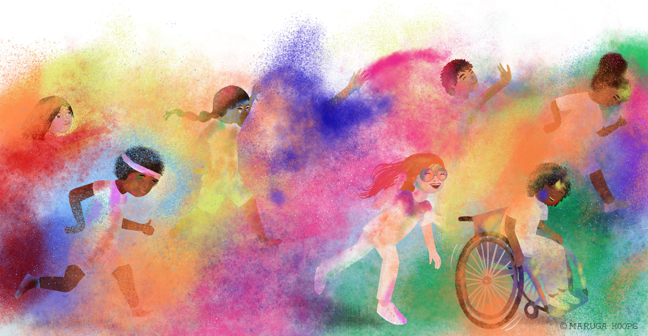 illustratie kinderen rennend door gekleurd poeder