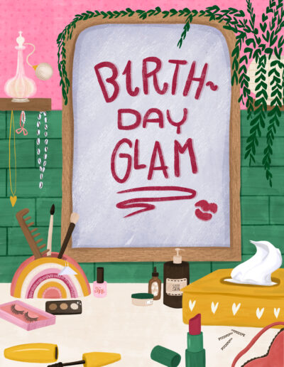 illustration mirror birthday glam written with lipstick beauty products around