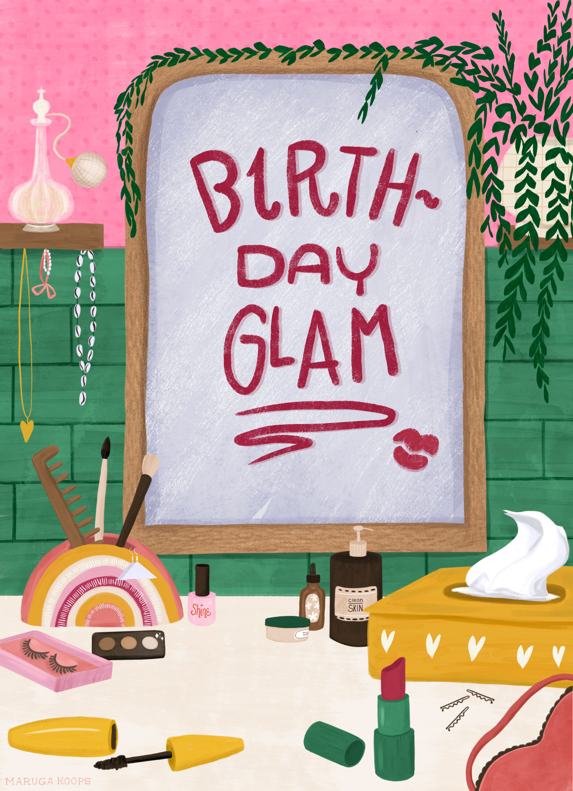 illustration mirror birthday glam written with lipstick beauty products around