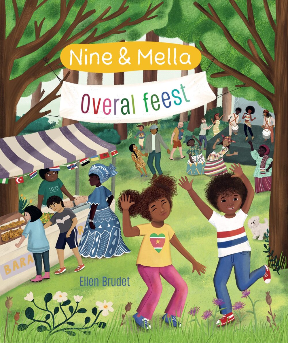 Nine en Mella Overal feest Cover illustratie kinderboek met oog diversiteit -Nine en Mella Overal feest