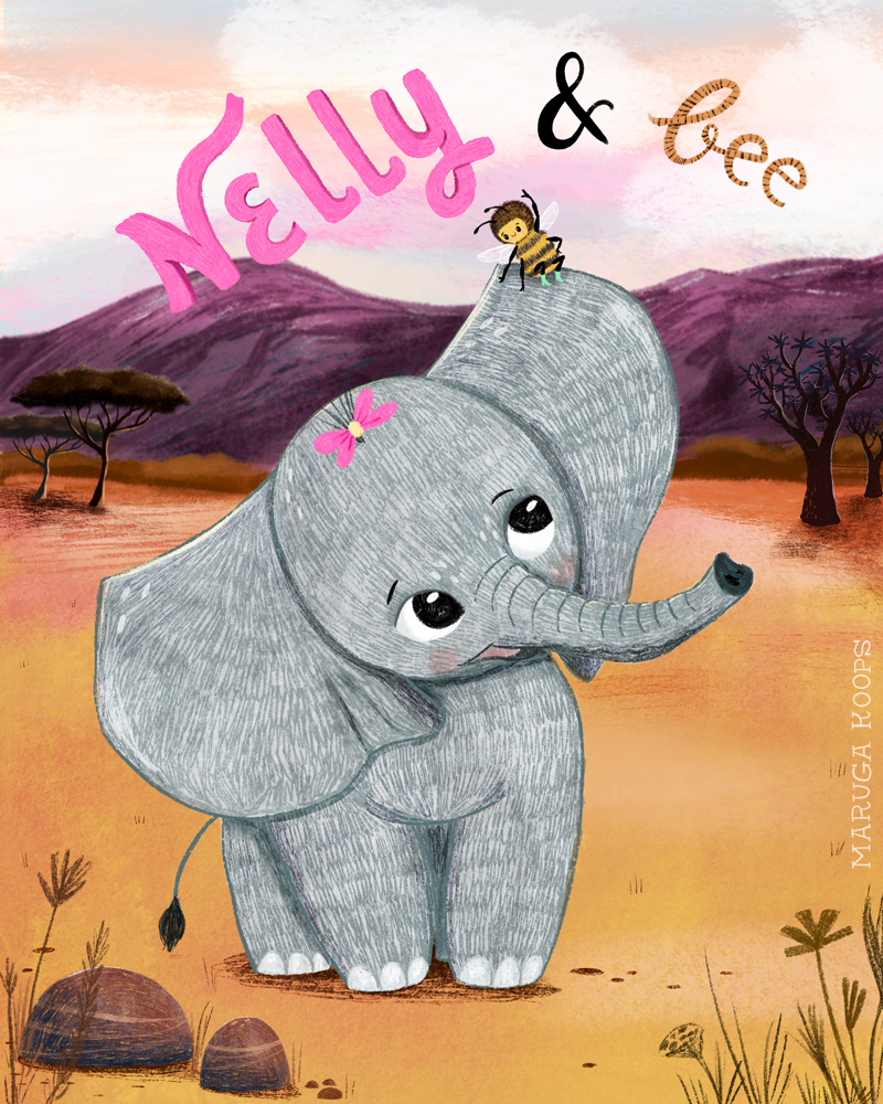 Nelly-Bee_characters illustratie van olifantje en bij karakters met achtergrond berg en bomen Afrikaans landschap